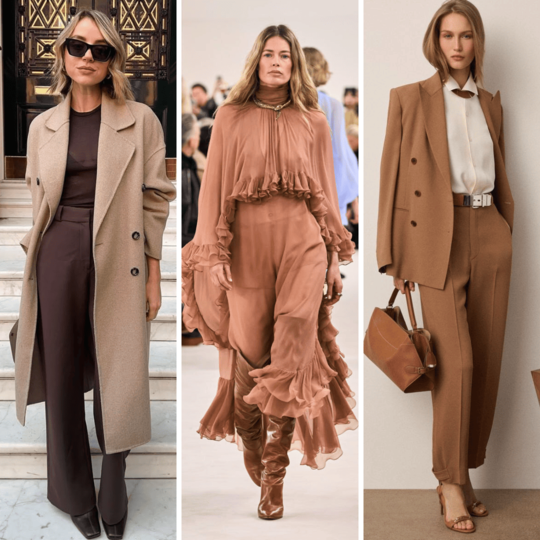 Looks com a cor mocha mousse e sua paleta. Uma tendência que fará sucesso na estação outono/inverno 2025