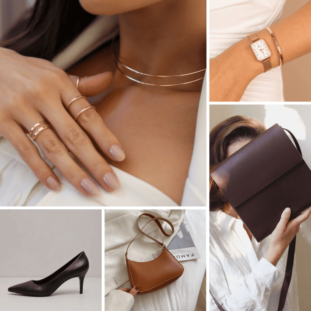 acessorios minimalistas Acessórios minimalistas: pulseiras e anéis simples, bolsas retas e sem detalhes, scarpin clássico