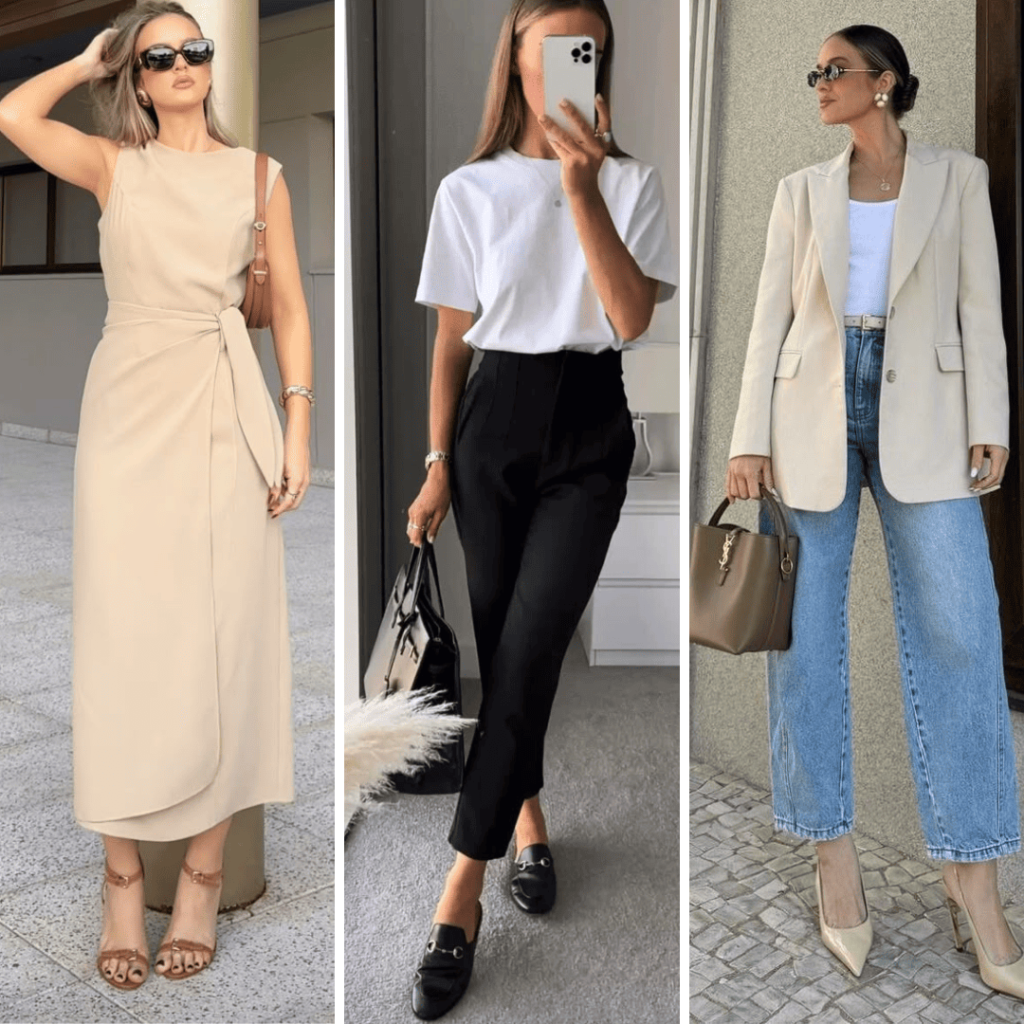 estilo minimalista 2 Moda minimalista com vestido bege, camiseta e calça de alfaiataria e blazer bege neutro