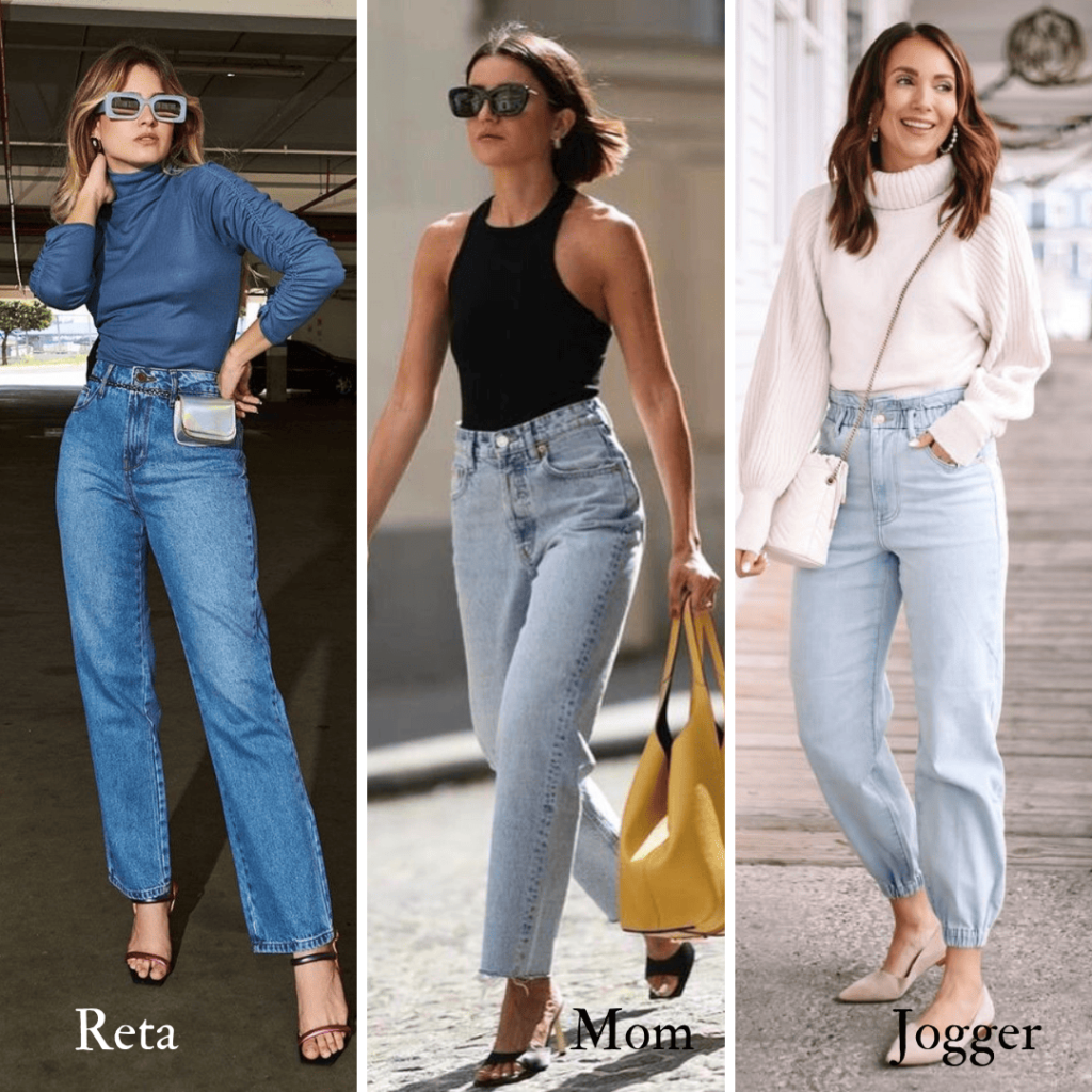 modelo de calça jeans reta, mom e jogger