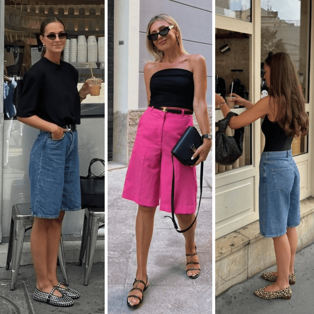 looks com modelos de jorts em jeans e em tecido no modelo alfaiataria conferindo a versatilidade à peça