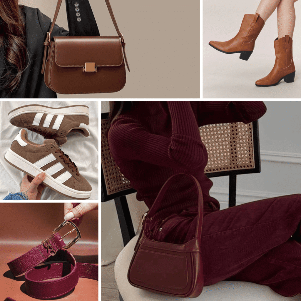 Acessórios nas cores tendência para o out/inv 26: marrom chocolate, caramelo e vinho