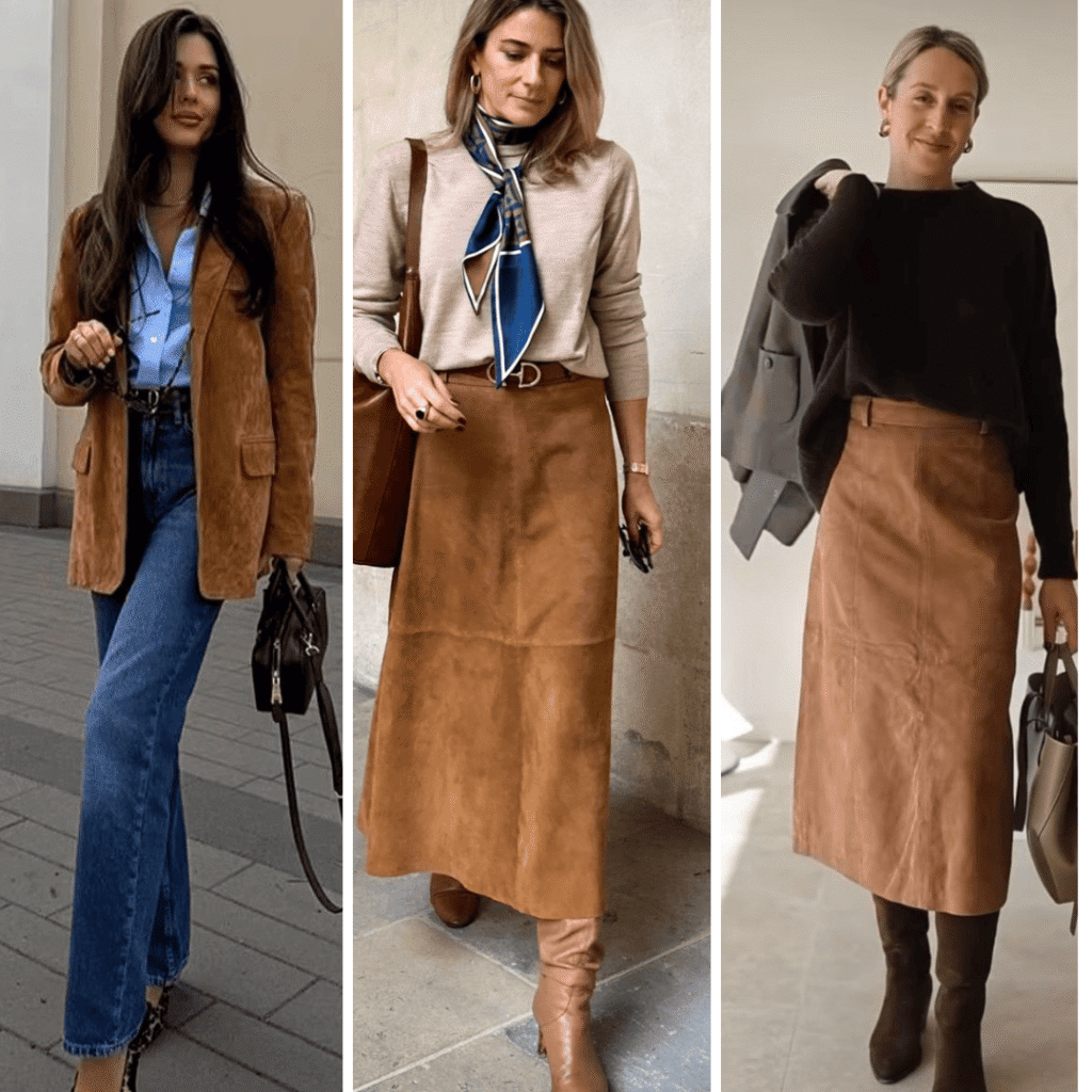Peças em camurça como blazers e saias e na cor caramelo são atemporais
