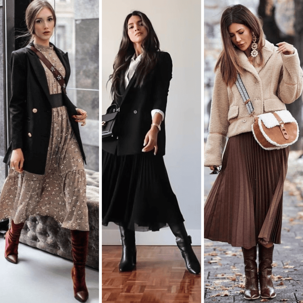 inspirações de botas com vestidos e saias