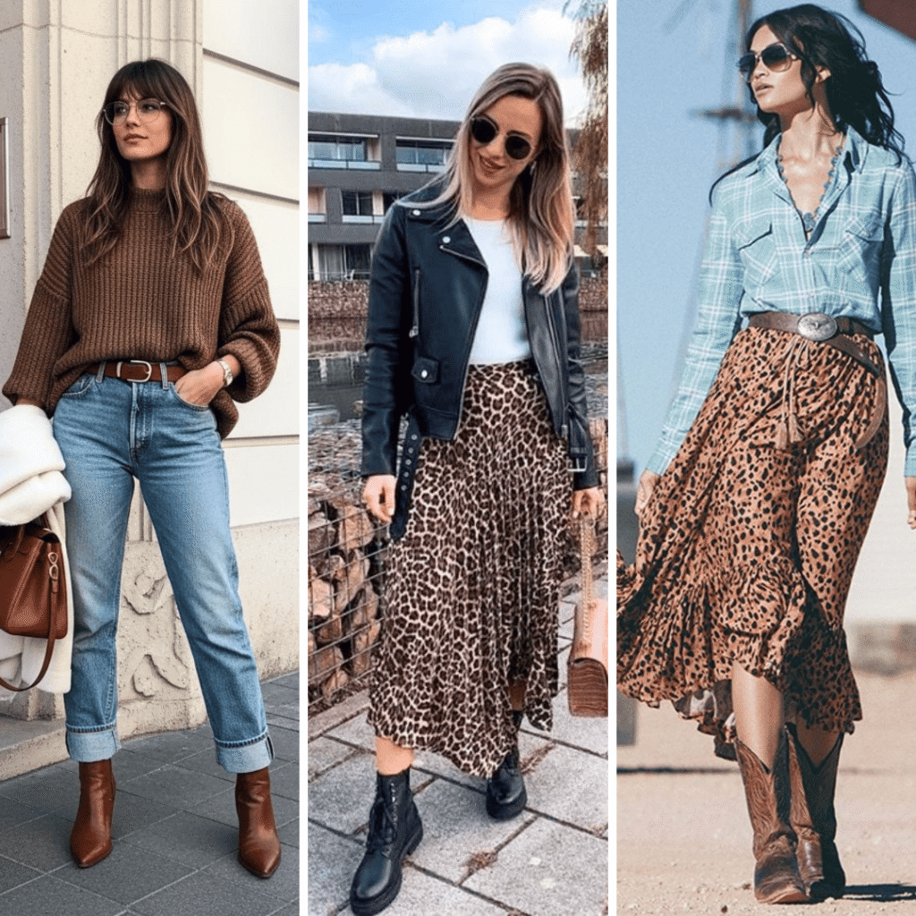 Inspirações com botas e jeans, modelo coturno e saia e modelo country com saia e camisa