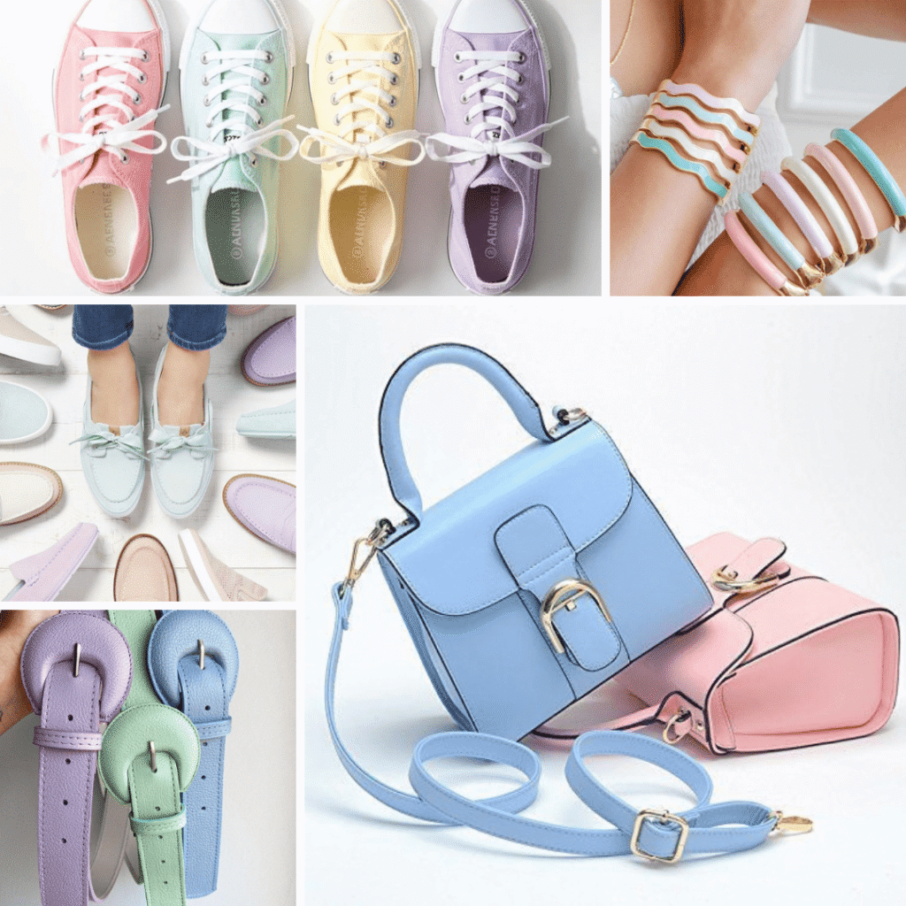 Acessórios em tons candy colors são ótimas opções para adicionar cores suaves aos looks: tênis, bijuterias, calçados, cintos e bolsas.
