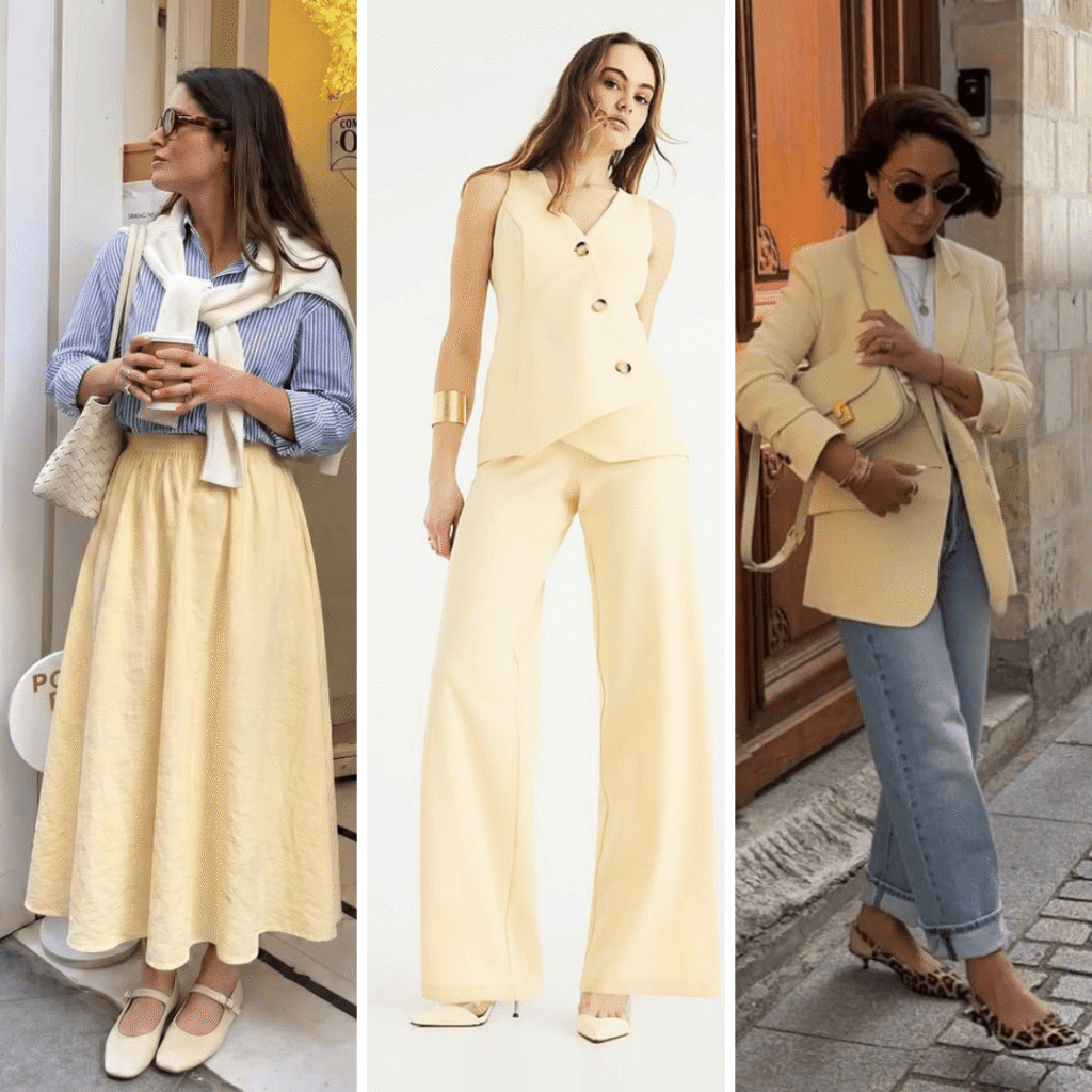 Looks com amarelo manteiga também chamado de amarelo pastel: saia, conjunto e blazer