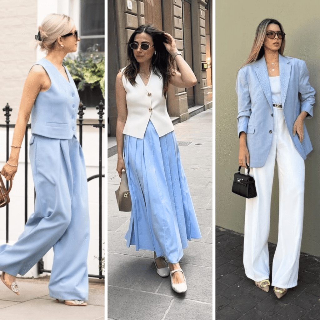 Looks com azul bebê também chamado de azul serenity: conjunto, saia e blazer
