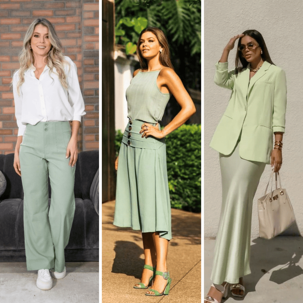 Looks com verde menta também chamado de verde pastel e verde pistache claro: calça, conjunto, blazer e saia.