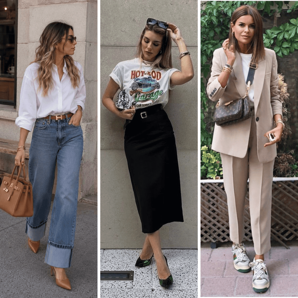 Mix de peças de alfaiataria com outras peças básicas: camisa com jeans, saia reta com t-shirt e terninho com tênis.