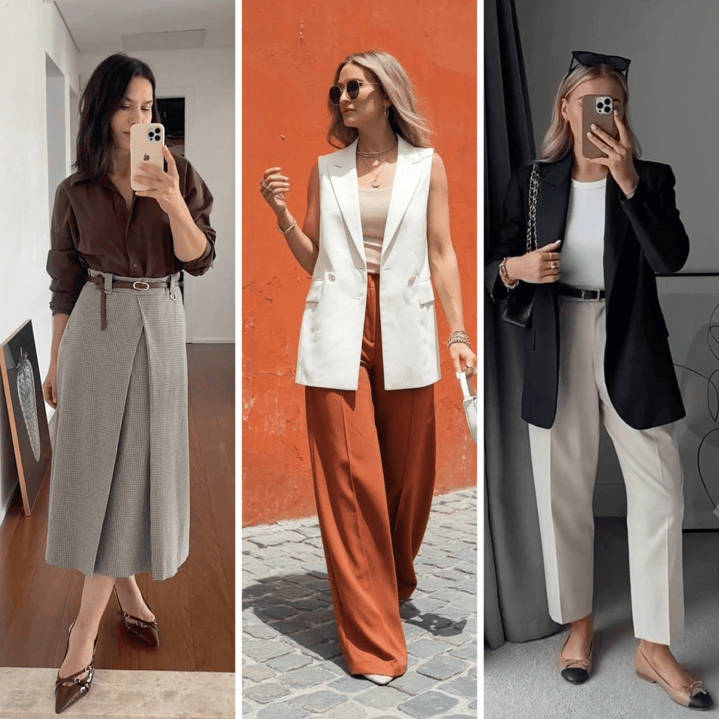 Peças de alfaiataria como camisas, saias retas, coletes, calças e blazers.