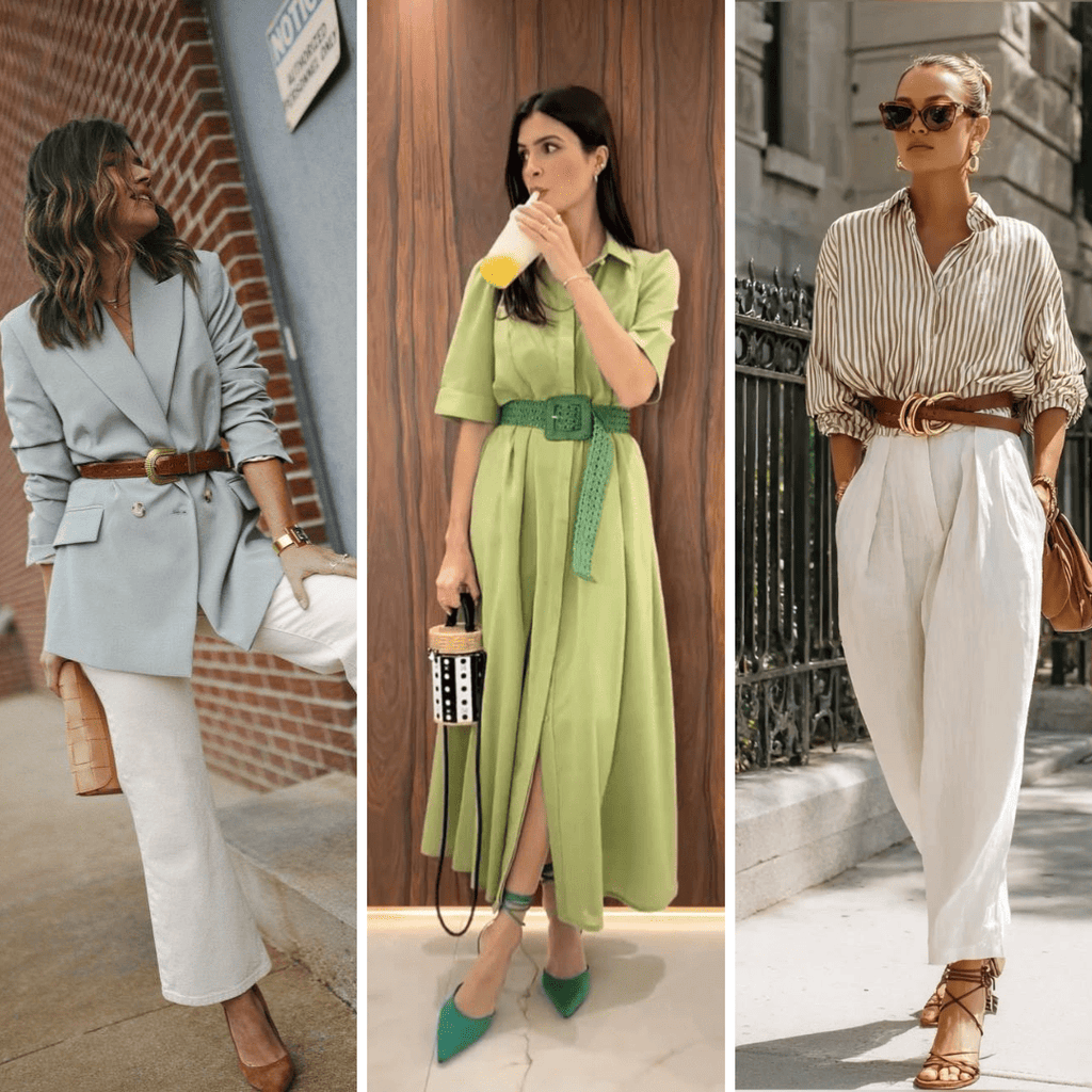 looks variados com cintos como acessório: sobre blazer, vestidos mais soltos e calça de alfaiataria